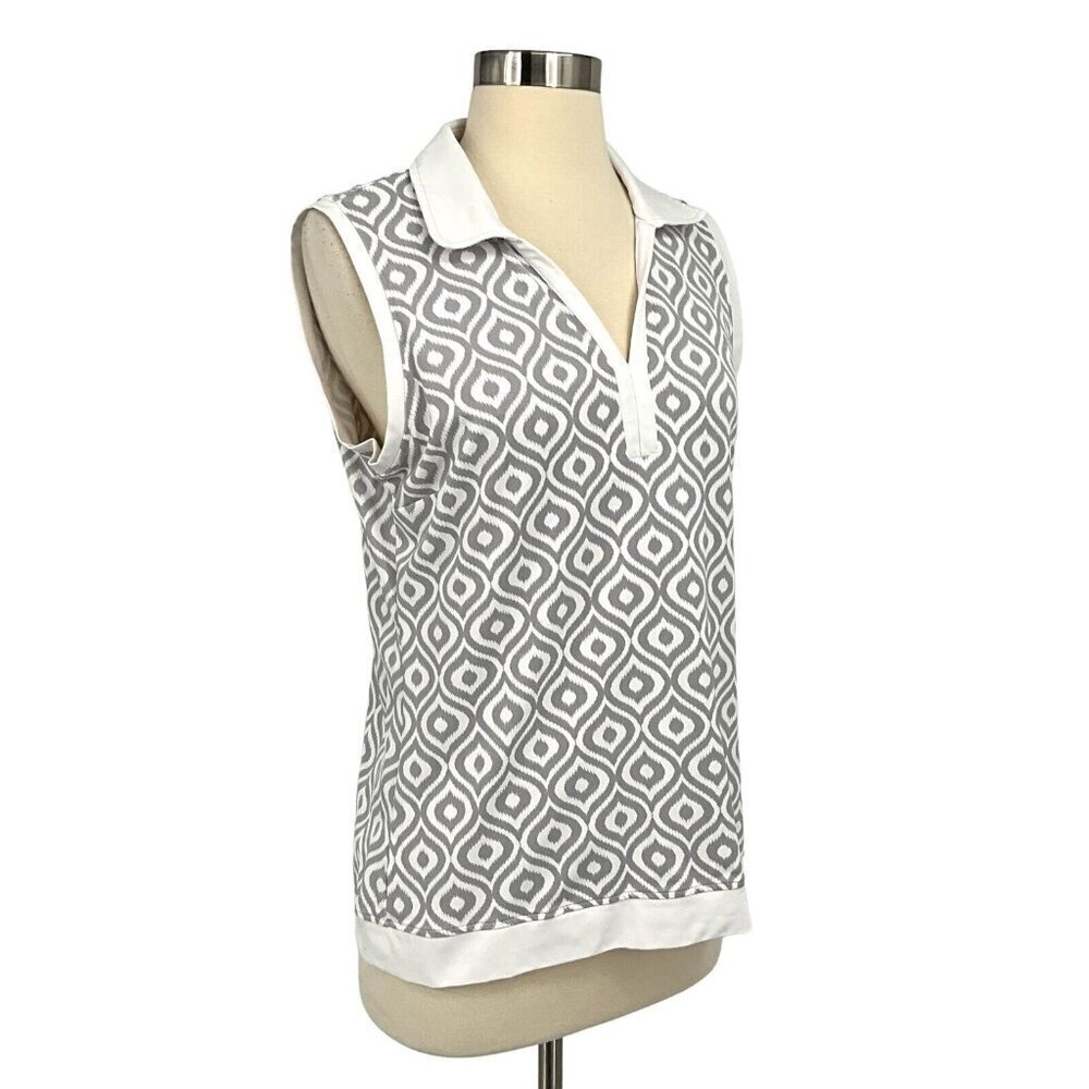 MDC Size 10 Meryl Print Polo Shirt Light Taupe/White Sleeveless V Neck Collared - Picture 7 of 9